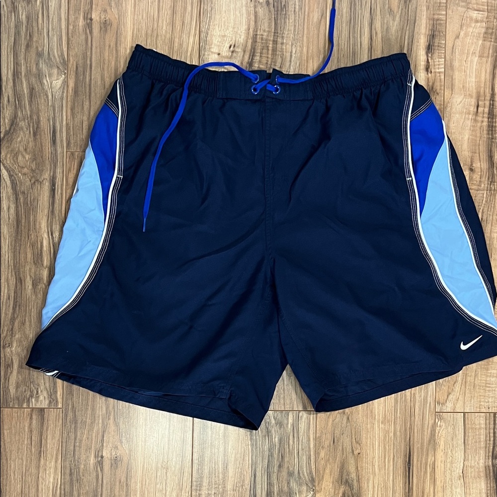 Nike Navy Blue Athletic Swim Shorts with Light & Royal Blue Panels Sz XXL